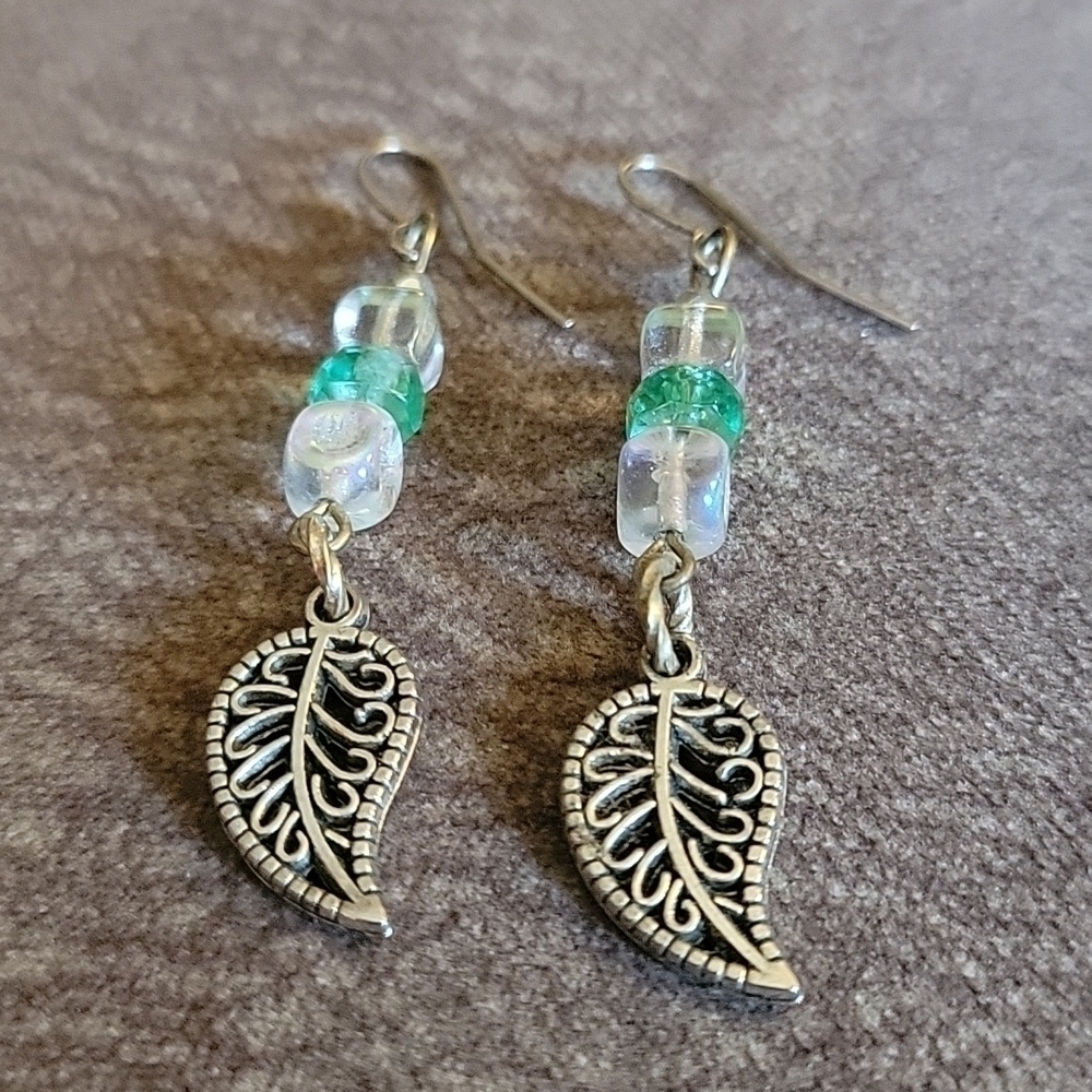 HANDMADE Czech Glass Leaf Charm Dangle Hook Earrings - Picture 3 of 6